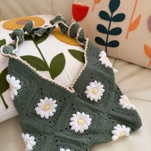 ハンドメイド グラニーバッグ かぎ針編み 花 グラニースクエア モチーフバッグ ニットバッグ 編み物 トートバッグ