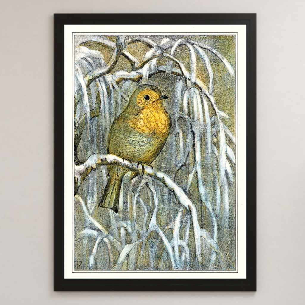 Theo van Hoytema Robin sur une branche enneigée Peinture Art Affiche brillante A3 Bar Café Classique Intérieur Lithographie Illustration Oiseau, résidence, intérieur, autres