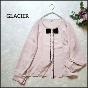 【値段交渉お気軽に♪】グラシア●パール付きリボンが素敵♪配色レース装飾長袖シアーブラウス/フォーマル 前ボタン 大人可愛い ピンク