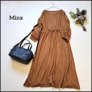 【値段交渉お気軽に♪】ミンクス●美品◎ウエストブラウジング♪リボン付きスウェード素材ロング丈ワンピース/上品 秋 冬 キレイめ