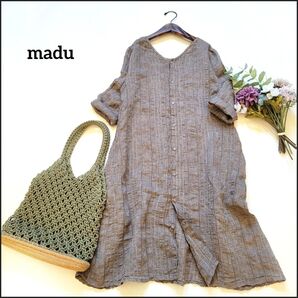 【値段交渉気軽に♪】madu/マディ●前後着2way♪ドビー織りストライプ柄リネンワンピース/羽織り コットン 綿麻 日本製 美品