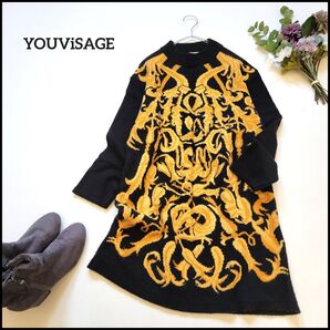 【値段交渉お気軽に♪】ユーヴィサージュ●レトロビンテージ古着♪総柄ゆったりニットワンピース/日本製 アート柄 派手柄 厚手 一点物