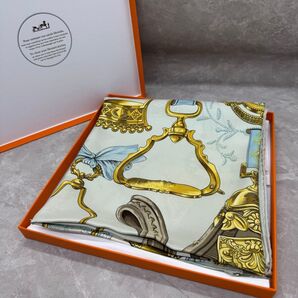 エルメス HERMES カレ90 ETRIERS 鐙柄 馬具柄 スカーフ ブルー シルク100%