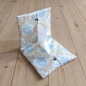 携帯ティッシュケース ダマスク柄 ボックスティッシュから詰替え ペーパータオルケース ハンドメイド ベージュ&水色 968