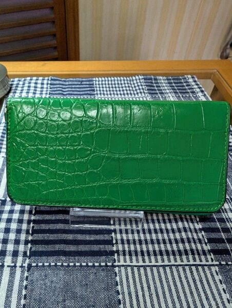 クロコダイル ラウンドファスナー 長財布 グリーン 実物撮影 ワニ革