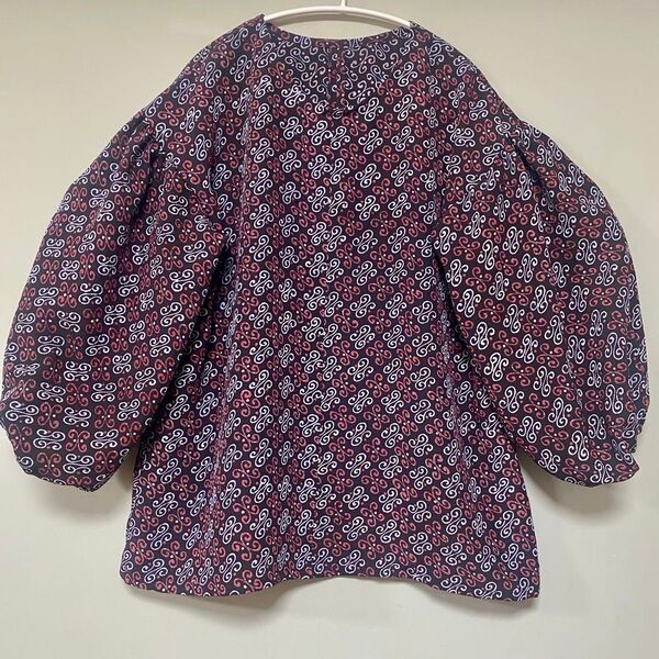 着物リメイク 正絹 プルオーバー ブラウス バルーン袖 黒x赤x白 M〜LL