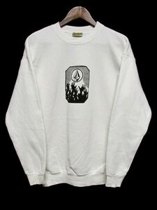 ★美品★90's USA製 VOLCOM ボルコム プリント スウェット M★ホワイト 白 クルーネック ビンテージ OLD スケーター スケボー サーフ 希少