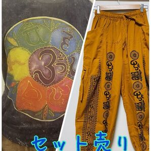 【新品】男女兼用 ラムナミ柄 エスニックパンツ カットオフ ストーンウォッシュTシャツ オーム柄M
