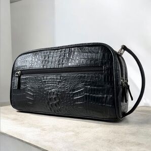 美品◆センター取り マットクロコダイル 2室 セカンドバッグ ブラック 黒 ワニ革