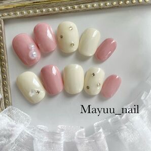 14 チップ・サイズオーダー ハンドメイド ネイルチップ ピンク ホワイト パール ストーン