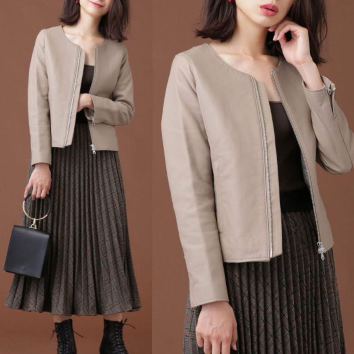 nano・universe レザーノーカラーブルゾン 36サイズ モカ 羊革