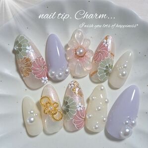 No.62 成人式ネイル ぷっくりフラワー 和柄 振袖ネイル 卒業式