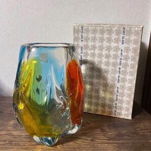 【昭和レトロ/骨董/アンティーク/ヴィンテージ】マルチカラー アートグラス グラデーションガラス フラワーベース 花瓶 飾鉢 花器