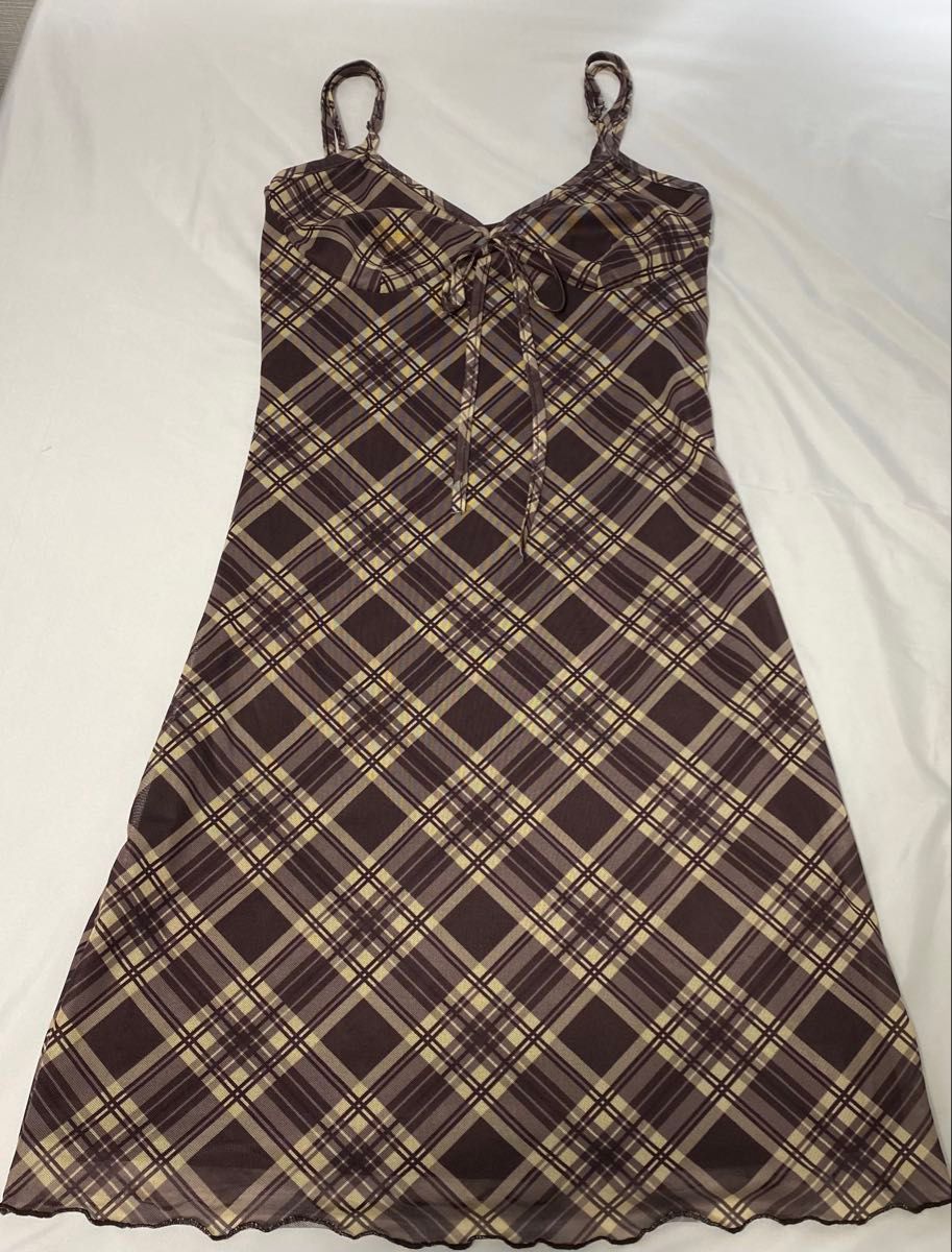 チェック柄 キャミソールワンピース ブラウン M