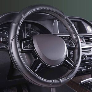 【38cm】ステアリングホイールカバー ハンドルカバー 自動車 汎用 模造皮革 ステアリングカバー ブラック