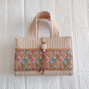 レビューブックカバー ヌビ インド刺繍リボン ベージュ flower パープルミント