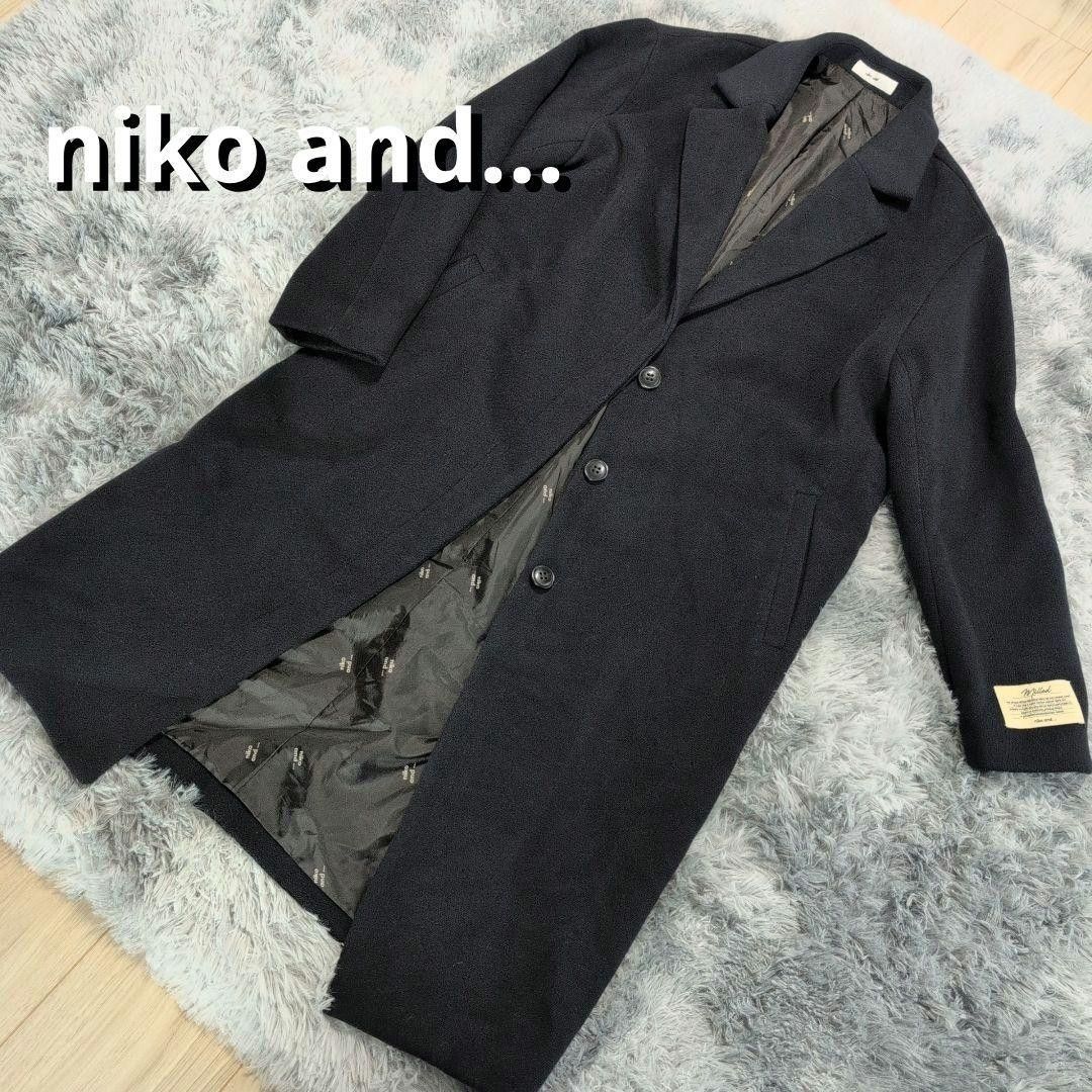 美品 niko and… ニコアンド チェスターコート ロングコート ネイビー 古着 フリーサイズ 秋冬 アウター ロゴ総柄