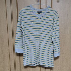 OUT OF SIGHT Vネック ボーダー 七分袖Tシャツ グレー イエロー グリーン サイズ40