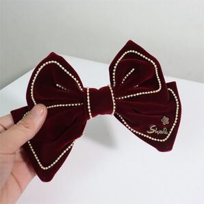 秋冬新作 スエード素材のダブルレイヤード ラージリボンバレッタ ヘアアクセサリー