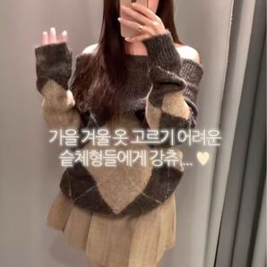 出品削除あり ZARA オフショルアーガイルニットセーター M