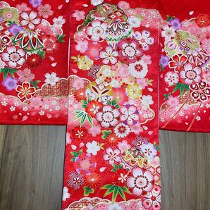 お宮参り 祝い着 着物 女の子 正絹 産着 初着 女児 手毬 金彩 赤ピンク