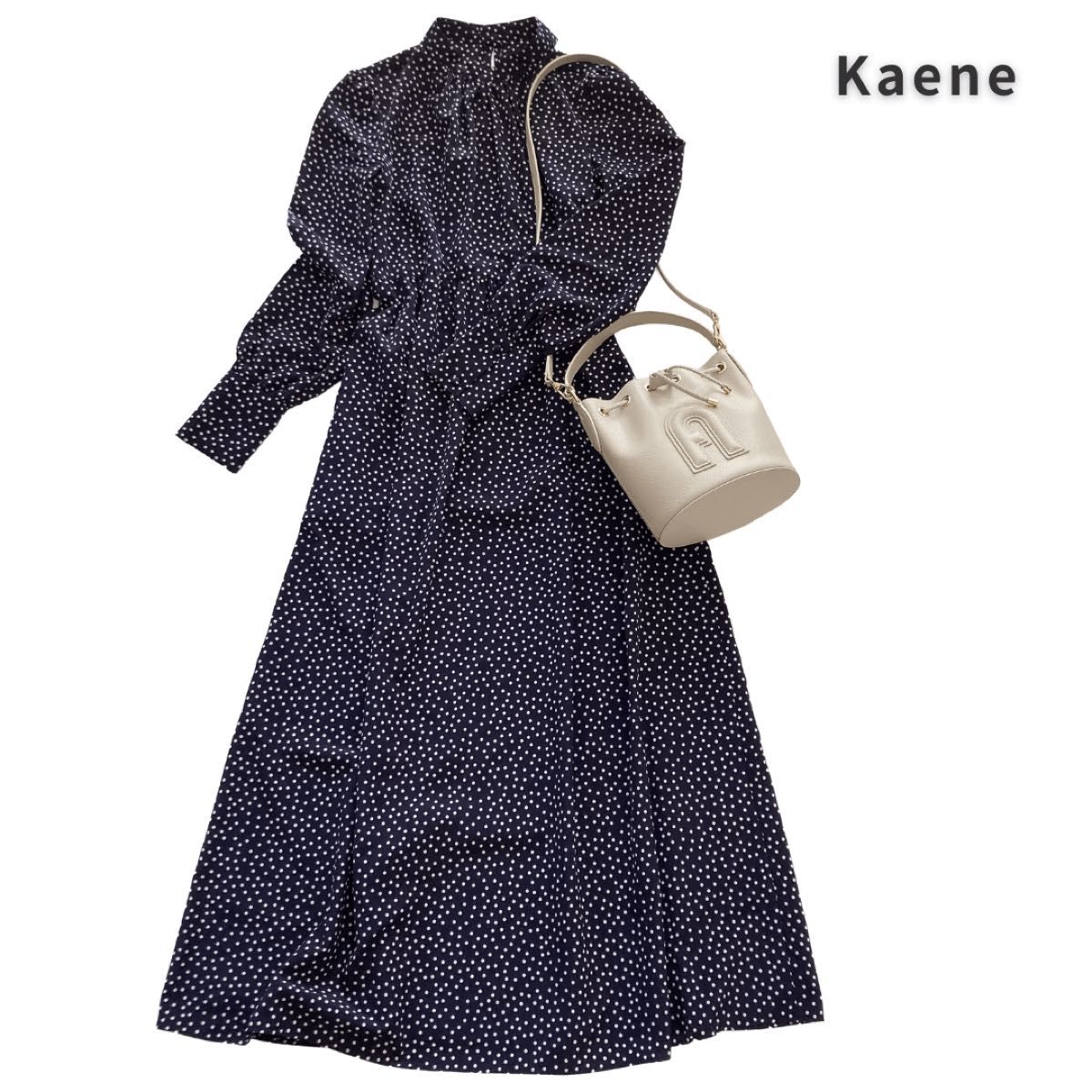 kaene カエン ネイビー ドット柄 S ロングワンピース ドレス フォーマル　Aライン　パーティー　紺　