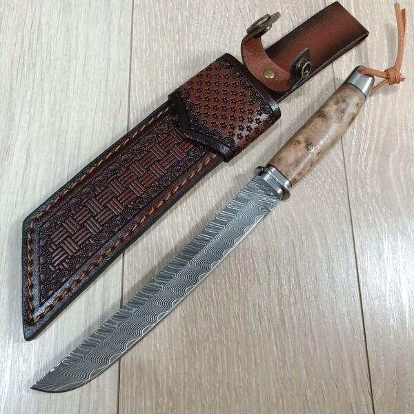 ダマスカス鋼ナイフ シース付き 木製ハンドル キャンプ アウトドア