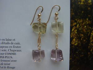 ◆look&walk◆ピンクアメジスト+レモンクォーツ☆タンブル・ピアス ハンドメイド 14kgf 宝石質