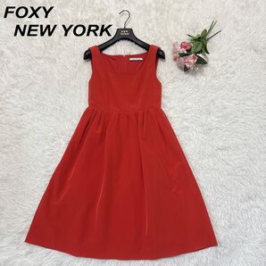 FOXY NEW YORK ノースリーブ ワンピース レッド系 38 ひざ丈 モダンエンパイアドレス ティアード