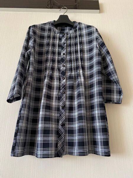チェック柄 チュニック シャツ七分袖 ネイビー LLサイズ