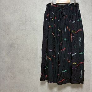 LIME.INC ライム 英語総柄プリント スカート ロング フレア ブラック Free ウエストゴム
