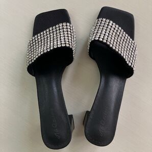 ラインストーンミュールサンダル ブラック ヒール