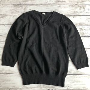 ELLE ウール100% シンプルな7分袖セーター 黒 サイズ38〈古着 美品 used〉ニットトップス 毛100% エル　A13