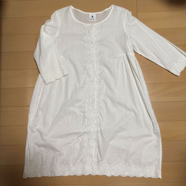 ニコアンド Niko and… オフホワイト 綿レース生地 ワンピース チュニック ロング丈ブラウス 7分袖
