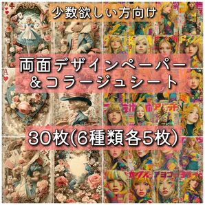 【少数】両面デザインペーパー&コラージュシート30枚 6種類各5枚 コラージュ 素材【セット】