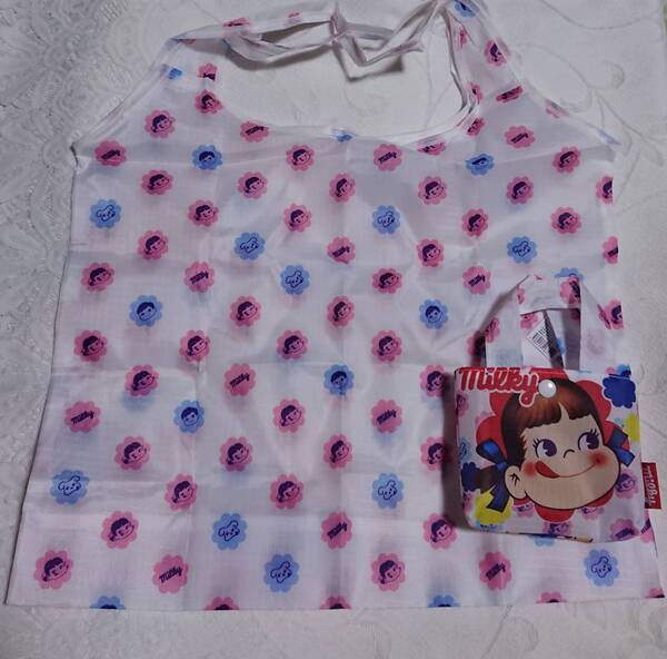 送料込み ペコちゃん ポコちゃん ミルキー 収納袋付き エコバッグ マイバッグ サイズ35×42×9cm 白 新品未使用