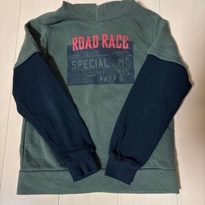 長袖パーカーロードレース柄 フェイクレイヤード 緑 1951ボーイズ150裏起毛