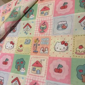 キティちゃん 家 手書き風 四角 チェリー 生地 布 シーチング 給食袋 かわいい