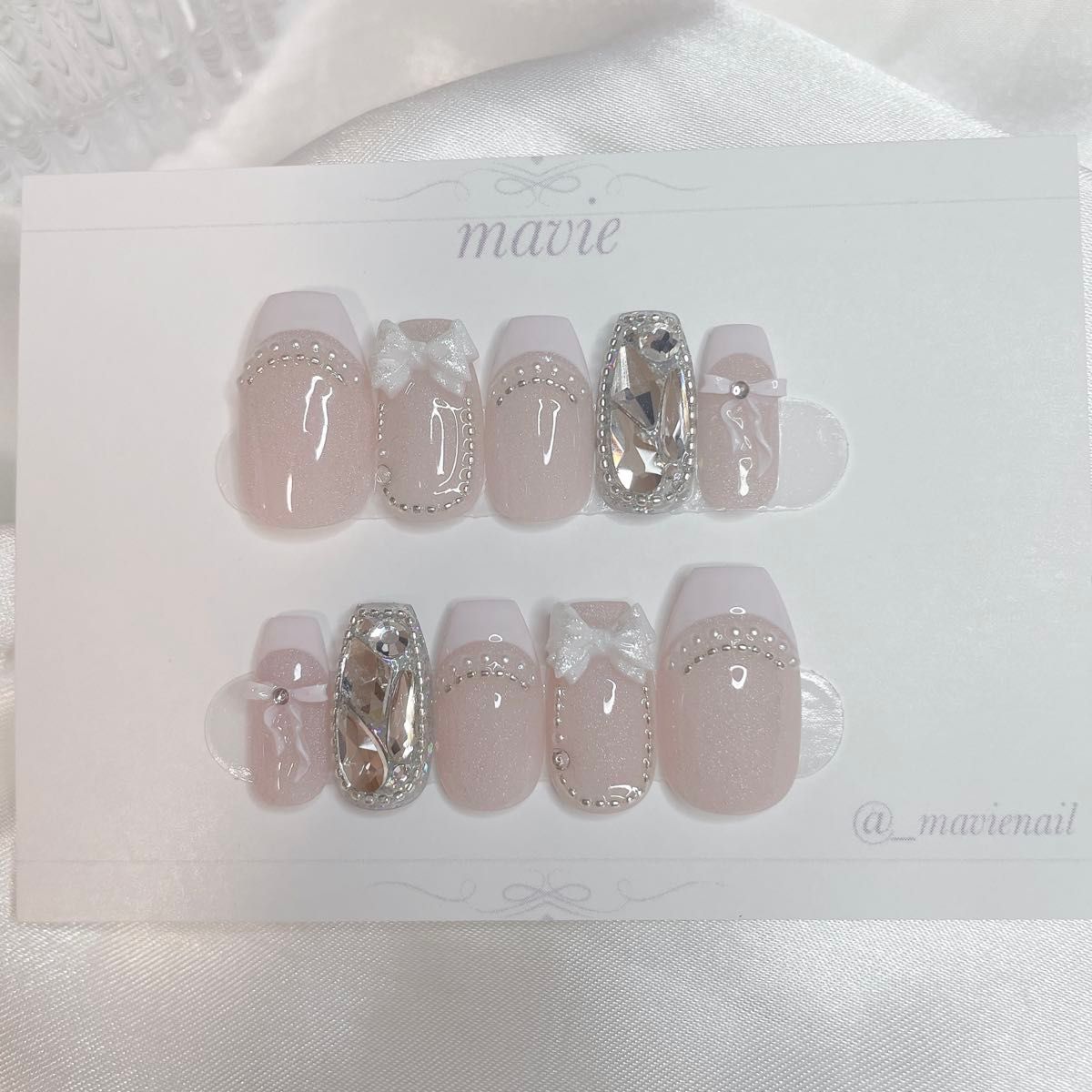 オーダーネイルチップ ジェルネイル ピンク フレンチネイル マグネットネイル ガーリー ワンホン リボン 韓国