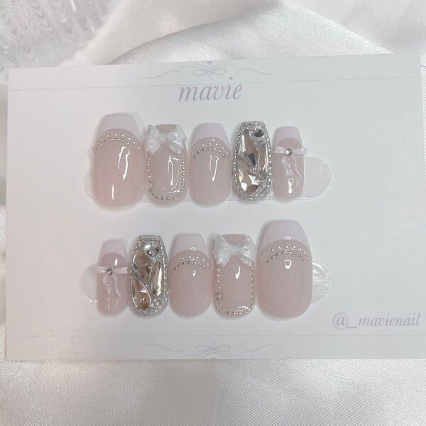 オーダーネイルチップ ジェルネイル ピンク フレンチネイル マグネットネイル ガーリー ワンホン リボン 韓国