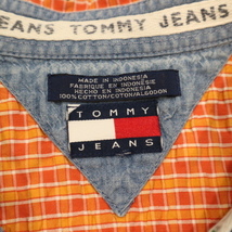 90s TOMMY JEANS シアサッカー ボタンダウンシャツ チェック オレンジ 半袖 コットン ロゴ トミー ヒルフィガー ジーンズ_画像6