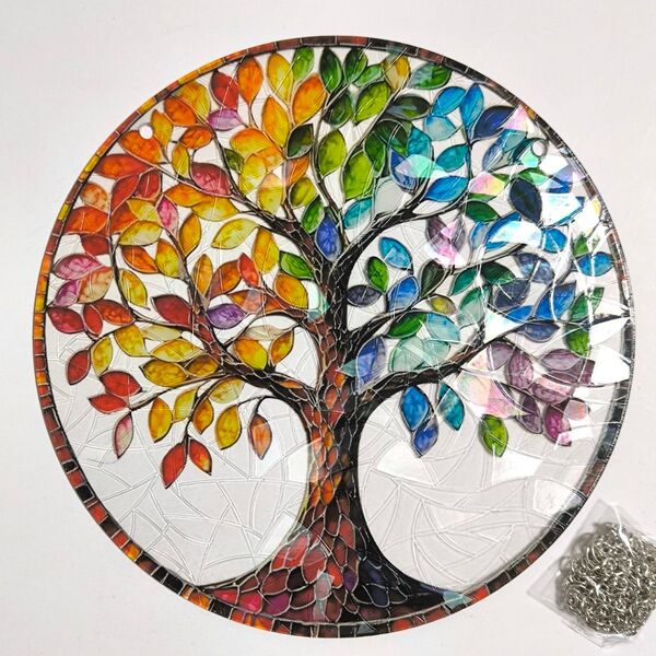 【生命の樹・キラキラ・カラフル】アクリルプレート 飾り サンキャッチャー チェーン付き オブジェ お洒落 壁や窓辺の飾りに◎◎