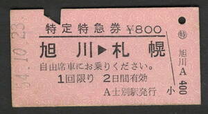 A型特定特急券 士別駅発行 旭川から札幌 昭和50年代（払戻券）