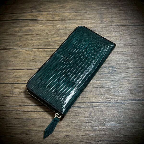 リザード 長財布 シャイニング加工 大容量 カード15枚収納 トカゲ メンズ レディス 本革 センターカット 艶 グリーン 緑