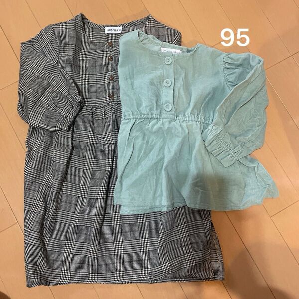 2点セット チェック柄ワンピース&ミントグリーンチュニック 95
