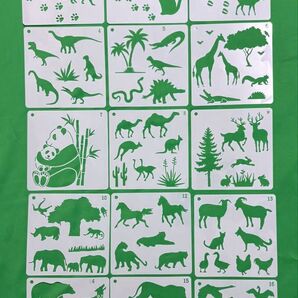 ステンシルシート動物15枚 海洋動物12枚セット アクリル絵の具 9本 金色、銀色、白色、黒色、赤色、茶色