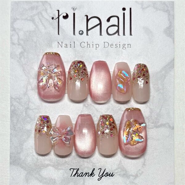 ネイルチップ 現品 フレンチガーリー ワンホン 韓国 マグネットネイル ハートラメグラデ ピンク オーロラストーン ゴールド