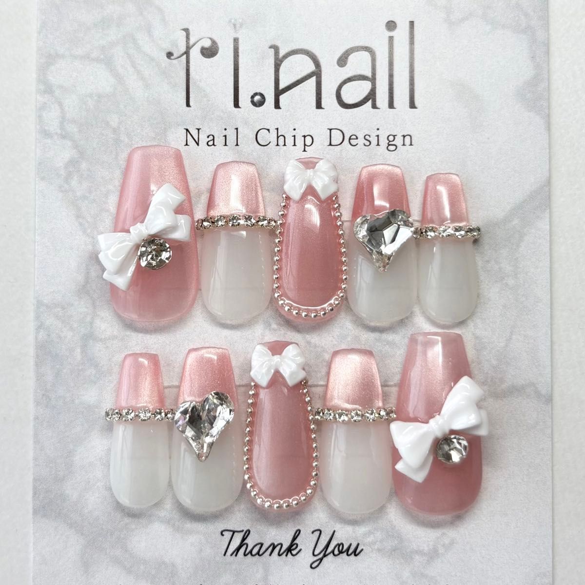 ネイルチップ 現品 フレンチガーリー ワンホン 韓国 量産型 推し活 マグネットネイル ピンク 白 バイカラー