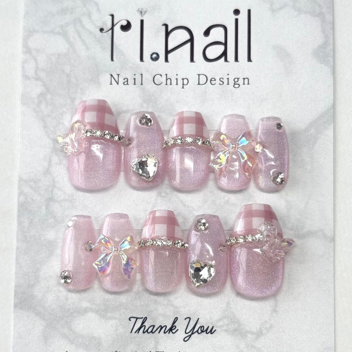 ネイルチップ 現品 フレンチガーリー ワンホン 韓国 レインボーマグネットネイル ハート リボン ピンク ギンガムチェック