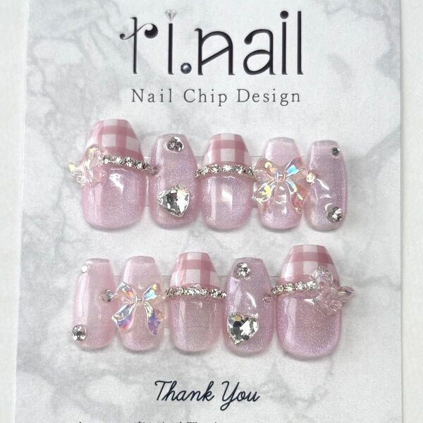 ネイルチップ 現品 フレンチガーリー ワンホン 韓国 レインボーマグネットネイル ハート リボン ピンク ギンガムチェック